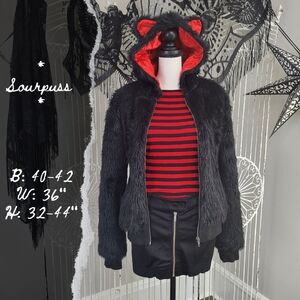 🚫SOLD🚫Sourpuss Black Faux Fur Bomber Jacket with Kitty Cat Ears and Red Lining